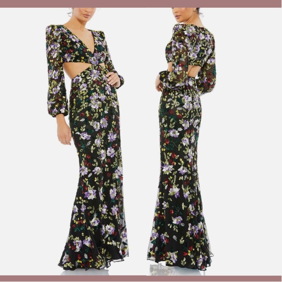 NWT $598 Mac Duggal [ 6 ] Floral‎ Sequined Cutout Long Sleeve Gown Black - Picture 2 of 16